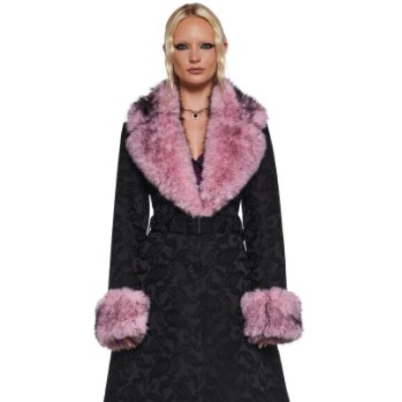 Sugar Thrillz Black & Pink Brocade Faux Fur A-Line Trench Coat - Picture 2 of 10